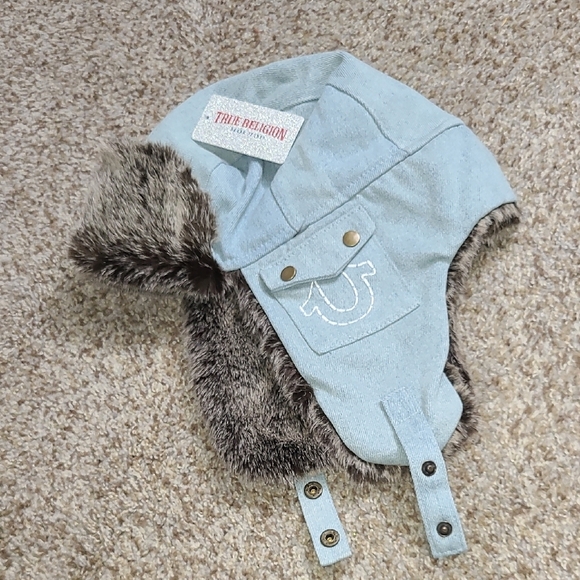 True Religion Accessories - True Religion Light Blue Denim Trapper Hat with Brown Fur